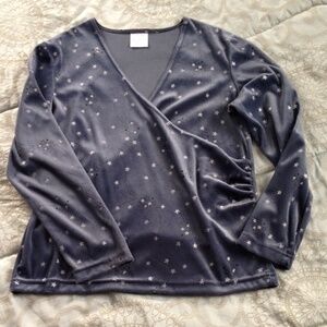 VELOUR mock wrap sparkly silver stars top size M